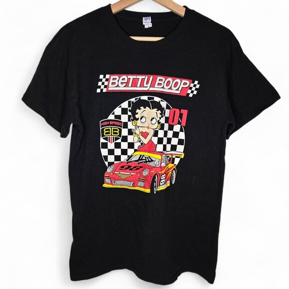 Betty Boop High Speed Race Car Graphic Shirt Men's Classic Cartoon Checker Tee M - Picture 1 of 6